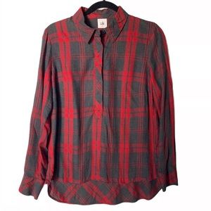 Cabi Cunningham 3587 Women's Size Small Red Gray Plaid Collar Henley Top Blouse